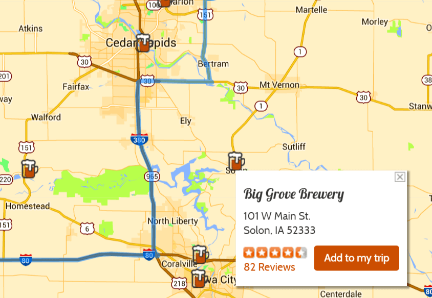 Map of Big Grove Brewery in Solon, IA