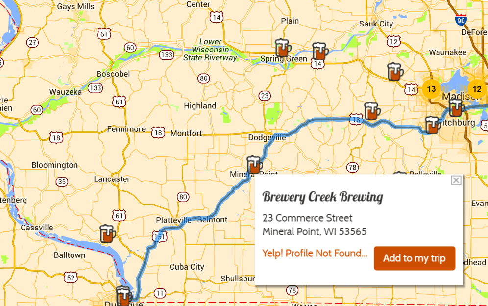 Map to Brewery Creek in Mineral Point, WI